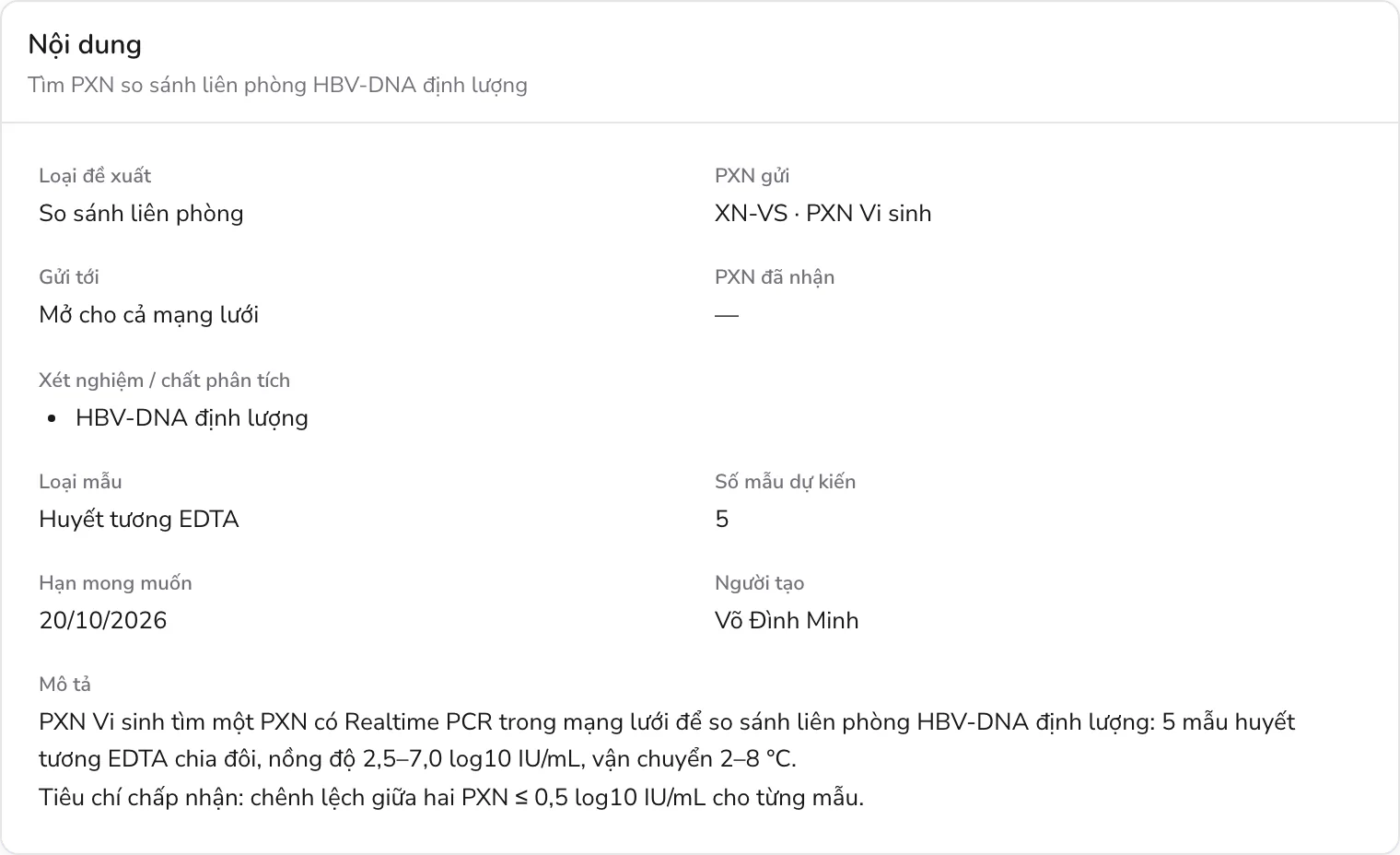 Nội dung một đề xuất so sánh liên phòng HBV-DNA định lượng